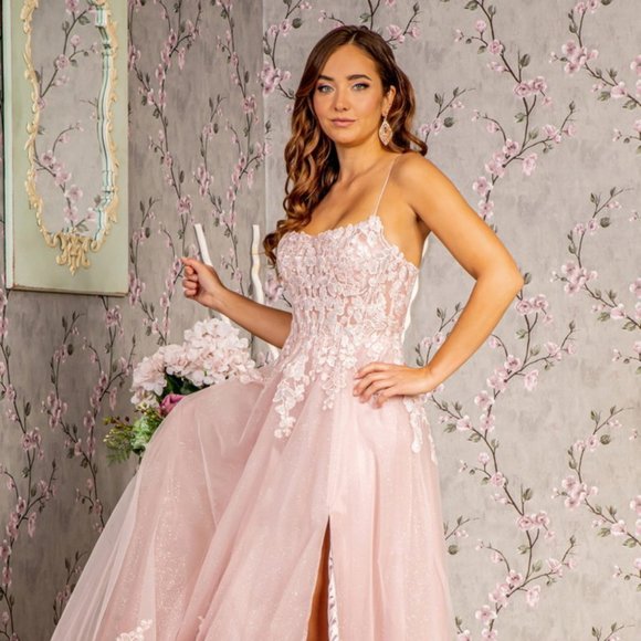 NEW FORMAL SLEEVELESS LACE UP BACK DRESS EMBROIDERED WITH FLORAL LACE GL3328 - Picture 1 of 12